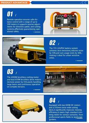 원격 제어 지능형 크롤러 잔디 깎는 기계, 리?? 철화수소 (LiFePO4) 배터리, 4륜 구동, 에너지 절감 및 환경 친화적, 3 시간 연속 작동.